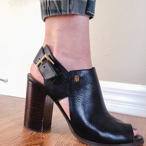 Tommy H.  black heeled mules
